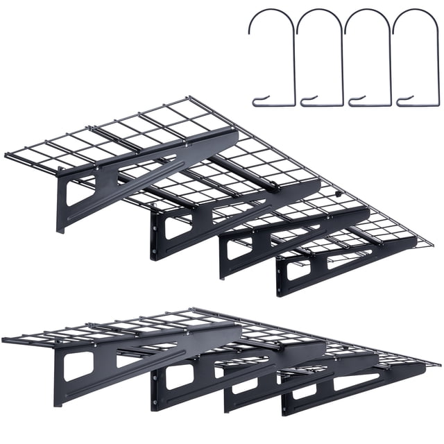 VEVOR Garage Storage Shelving, 2 Pack, 4 x 2 ft heavy-duty wall-mounted shelves with a 500 lbs total load capacity. Made of durable steel, each shelf supports up to 250 lbs and features a reinforced design with front-side beams and steel wires for stability. Includes hooks, cable ties, and positioning paper for easy installation. Suitable for organizing tools, power equipment, or household items in garages, laundry rooms, or stores.