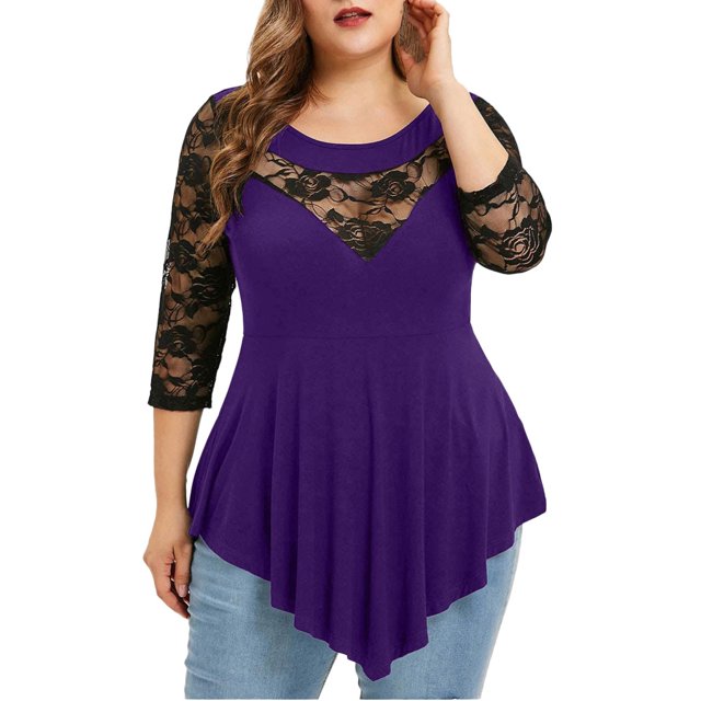 Heliisoer Plus Size Floral Lace Women Solid O-Neck Asymmetric Three Quarter Tops