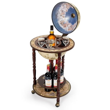 Gymax 17'' Wood Globe Wine Bar Stand 16ème siècle italien Rack bouteille d'alcool Étagère Panier