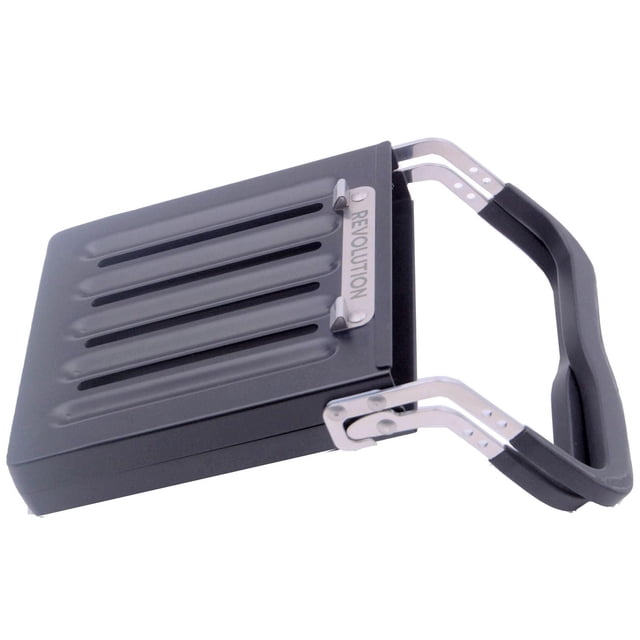 Revolution InstaGLO® Panini Press for Model 180 and 180B Toasters with black aluminum non-stick ridged grilling surface and foldable handles with heat-resistant grips, locking securely to contain drips for making crispy, warm sandwiches and wraps.