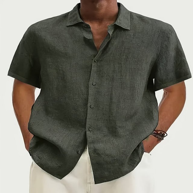 Men‘s Linen Casual Short Sleeve Shirts Button Down Summer Beach Shirt,M Light Blue