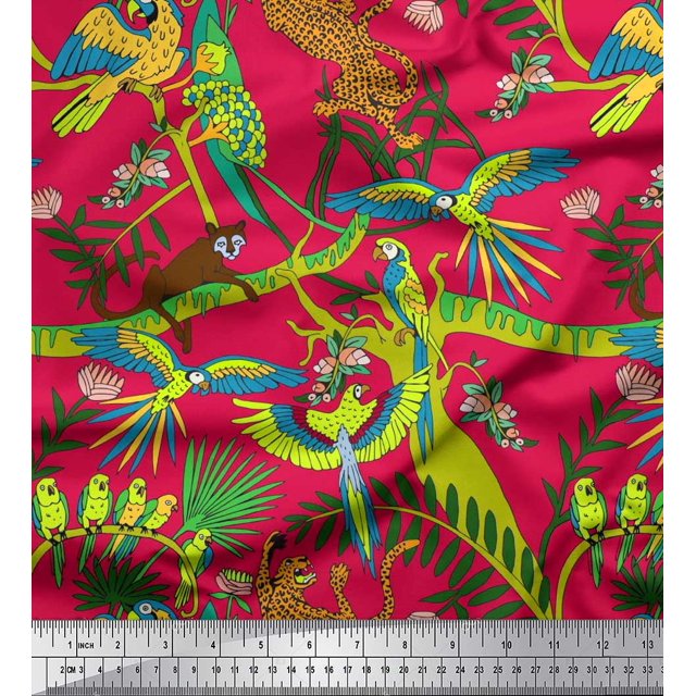 Soimoi Rayon Fabric Branches,Parrot & Leopard Jungle Fabric Prints by Yard 42 Inch Wide