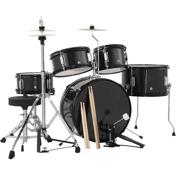 YUSAZENS 5-Piece Drum Set with Bass, Tom, Snare, Hi-Hat, Cymbal, Pedal, Drumsticks & Stool, 16in, Black