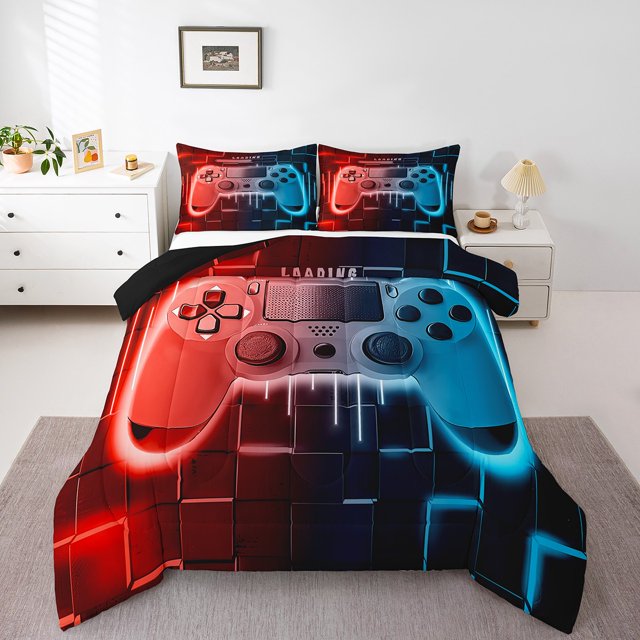Red Blue Gaming Kids Queen Comforter Set - Gamer Comforter Boys Queen Size Bedding Set, Neon Lights Abstract Geometry Design Gamer Room Decor