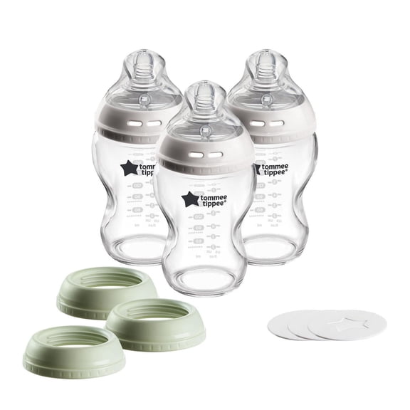 Tommee Tippee Natural Start Biberon pour Bébé en Verre à 3 Usages, Ensemble de Tasse Ou de Pot, 3x9oz, Tétine Semblable au Sein à Débit Lent pour une Prise Naturelle, Couvercles Étanches pour Pots Alimentaires de Voyage