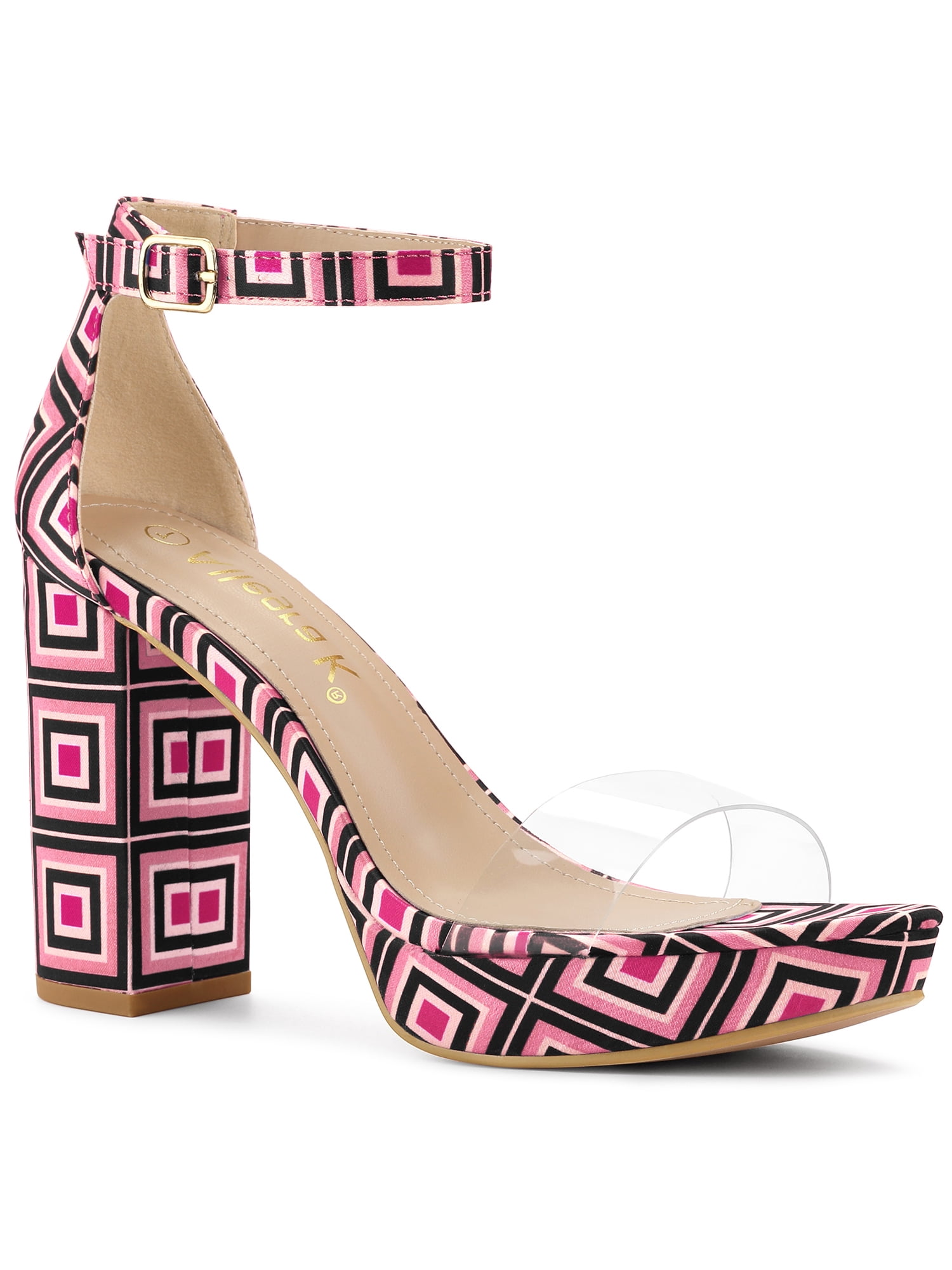 BLISSFUL STEP Ensemble Chaussures pour Femmes Plateforme Colorée Talons Épais Bride à la Cheville Sandales à Bout Ouvert Transparent Rose Vif 6