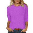 thumbnail image 2 of CHUANK T-Shirt Ajusté à Col Rond Mignon pour Femmes, Décontracté, Mi-Long, Manches 3/4, Blouse Extensible, Basique, Uni, Hauts, 2 of 5