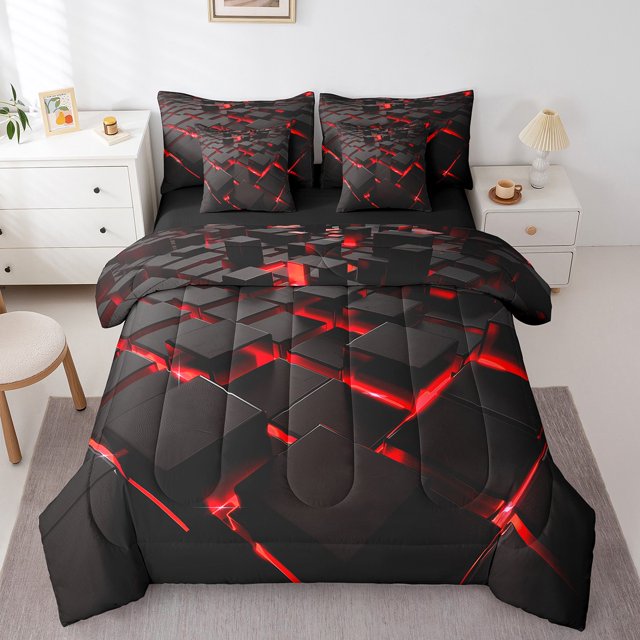 YST Ensemble de Literie 7 Pcs Rouge Géométrique, Format Grand Lit, Présentant un design Moderne Abstrait à Carreaux avec un Motif Géométrique Noir et Rouge. l'Ensemble Comprend une Couette, un Drap Plat, un Drap-Housse, Deux Taies d'Oreiller et Deux Housses de Coussin Décoratif. Exposé dans une Chambre Lumineuse et Minimaliste avec des Meubles Blancs et une Déco Neutre.
