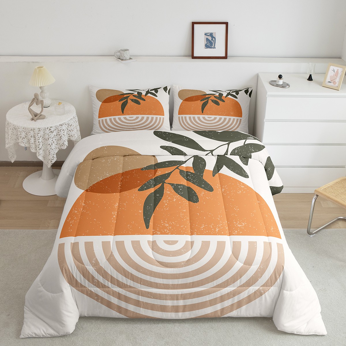 Erosebridal Geometric Striped Bedding Sets Queen with Comforter, Contemporary Abstract Duvet Insert, Retro Sun Leaves Decor, 3pcs