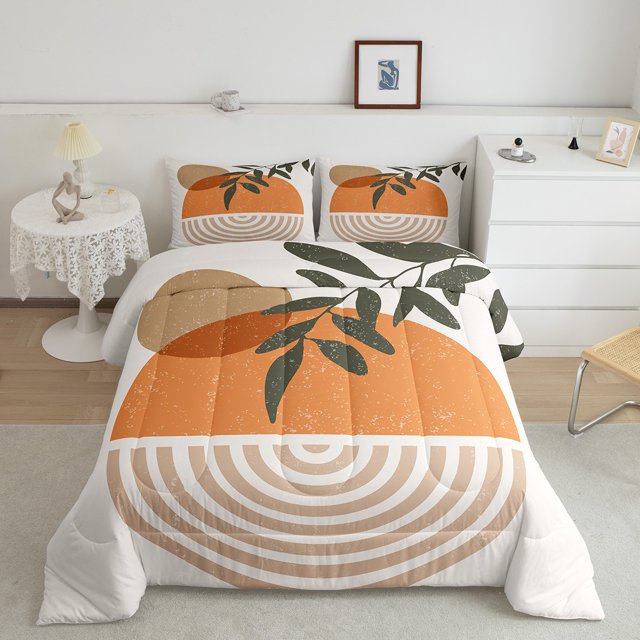 Erosebridal Geometric Striped Bedding King Comforter Set, Contemporary Abstract Down Comforter, Retro Sun Leaves Decor, 3pcs