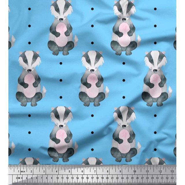 Soimoi Blue polyester Crepe Fabric Dots & Raccoon Animal Printed Fabric 1 Yard 42 Inch Wide