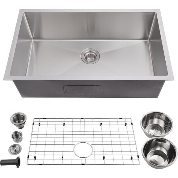 30x18x10in Stainless Steel 304 Single Bowl Undermount Kitchen Sink Handcrafted Scratch-Resistant Sound-Dampening Efficient Drainage for Home Bar Laundry