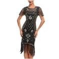 thumbnail image 1 of Pisexur Robe à Manches Courtes à Col Rond Longueur Genou Femmes Robe à Col Rond Sans Manches à Paillettes avec Franges Robe de Fête Banquet Robe de Danse Robe Courte Femmes Robe, 1 of 3