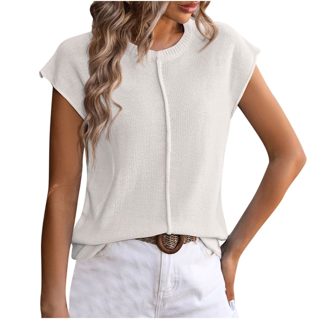 AherBiu Hauts en Tricot pour Femmes à Manches Cap, Blouse Chic Décontractée à Col Ras du Cou, Chandail Ample, Haut Uni