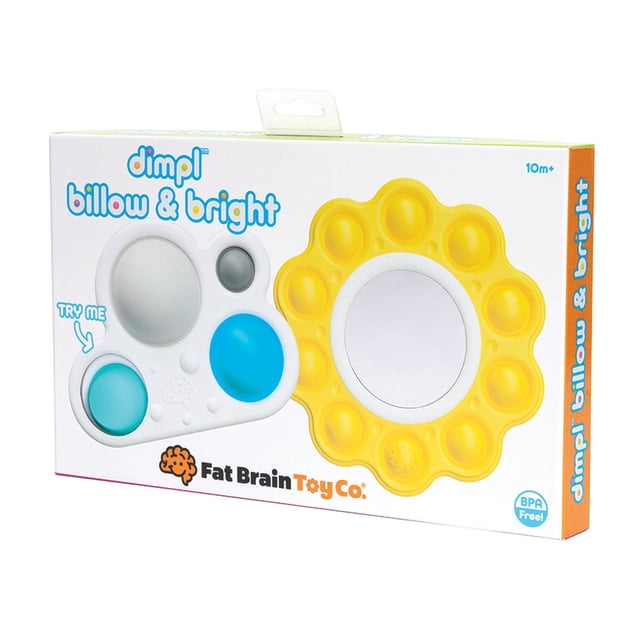Dimpl Billow and Bright par Fat Brain Toys, un Ensemble de Jouets Sensoriels Moelleux Conçus pour l'Exploration tactile et le Développement Sensoriel. l'Oreiller Présente un Cadre Blanc Robuste avec Quatre Bulles Dimpl Intégrées en Tailles et Couleurs Variables, pendant Que le Bright Mettant en Valeur un Bord Extérieur en silicone Jaune avec Dix Bulles pop Entourant un Miroir central Double Face. Parfait pour Favoriser la Motricité fine et la Compréhension Cause à Effet. l'Emballage Met en Valeur des Matériaux Sans BPA et Convient aux 10 Mois et Plus