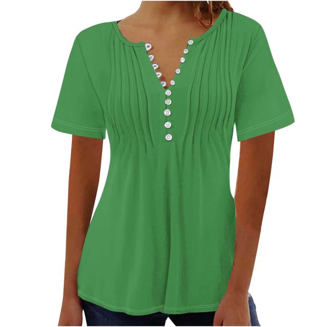 AherBiu Womens Tops Summer Button Round Neck Solid Color Ruched Dressy Casual Loose Tunics Tshirts