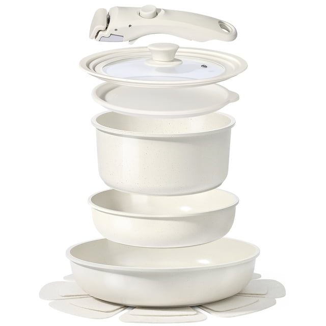 GIPP 8pcs Ceramic Cookware Sets with Removable Handle, featuring a stackable design for space-saving storage. The set includes nonstick ceramic-coated pots and pans in a neutral speckled finish, a detachable handle, and glass lids. Compatible with induction, gas, ceramic, and electric stovetops, this cookware is oven and dishwasher safe, ideal for compact kitchens or RVs.