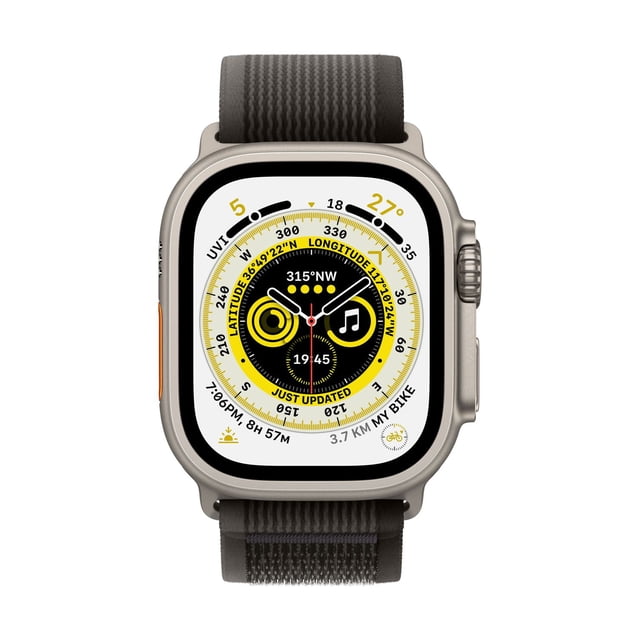 Apple Watch Ultra (GPS + Cellulaire) 49 mm avec Bracelet Boucle Trail Noir et Gris, Vue Orientée vers l'Avant Affichant un Boîtier en Titane de Qualité Aérospatiale et un Écran Lumineux avec Boussole avec latitude et longitude, Indice UV, Température, Icône de Musique et Suivi des Activités à Vélo distance de 3,7 km.