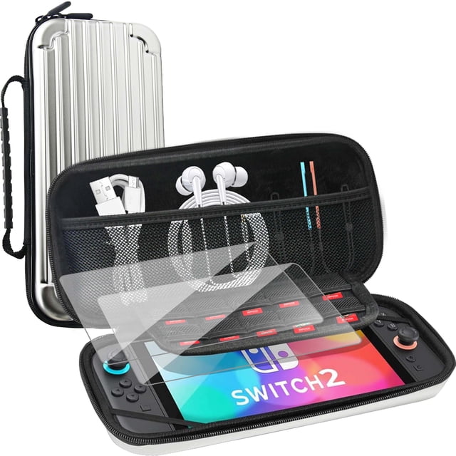 Carrying Case for Nintendo Switch 2, Hard Shell & Waterproof Portable Travel Carry Case with 2 Screen Protectors, Game Accessory Storage Bag, Silver