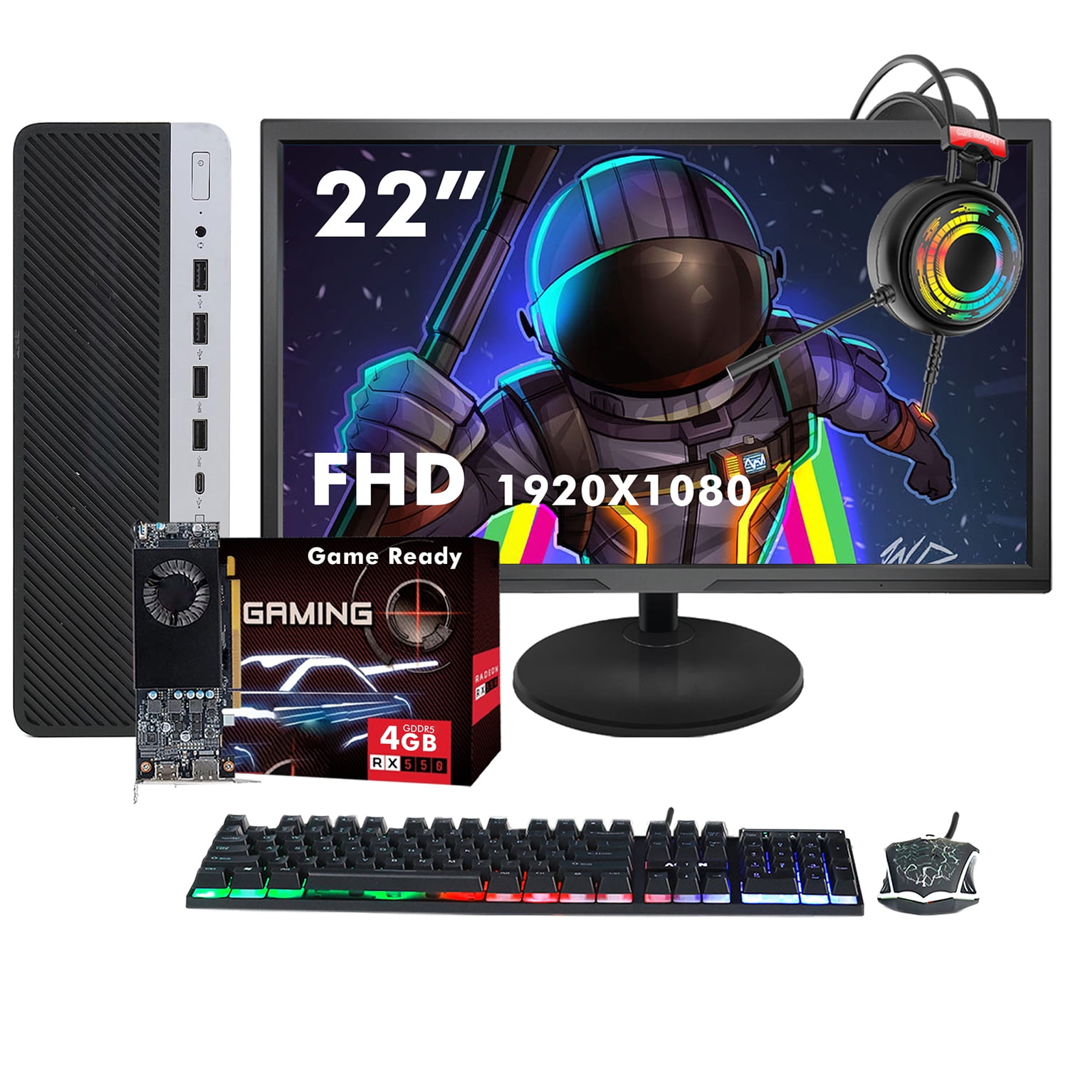 Gaming Desktop PC - HP SFF | Intel Core i5 Upto 3.6GHz | 22" Inch FHD Monitor | 16GB RAM 512GB SSD | AMD RX 550 4GB GDDR5 HDMI | Gaming Keyboard Mouse | Windows 11 Pro Refurbished