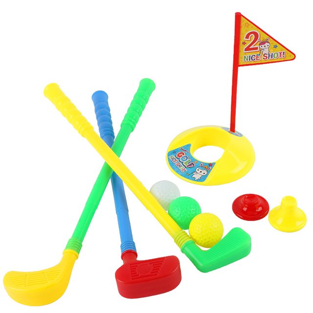 HEVIRGO Mini Multicolor Golf Club Set Golfer Game Outdoor Sports Garden Summer Kids Toy, including three vibrant plastic golf rods, three textured golf balls, a yellow golf hole with a flag, and two stands. Designed for outdoor sports games and backyard play, this durable ABS set is perfect for kids and parent-child activities.