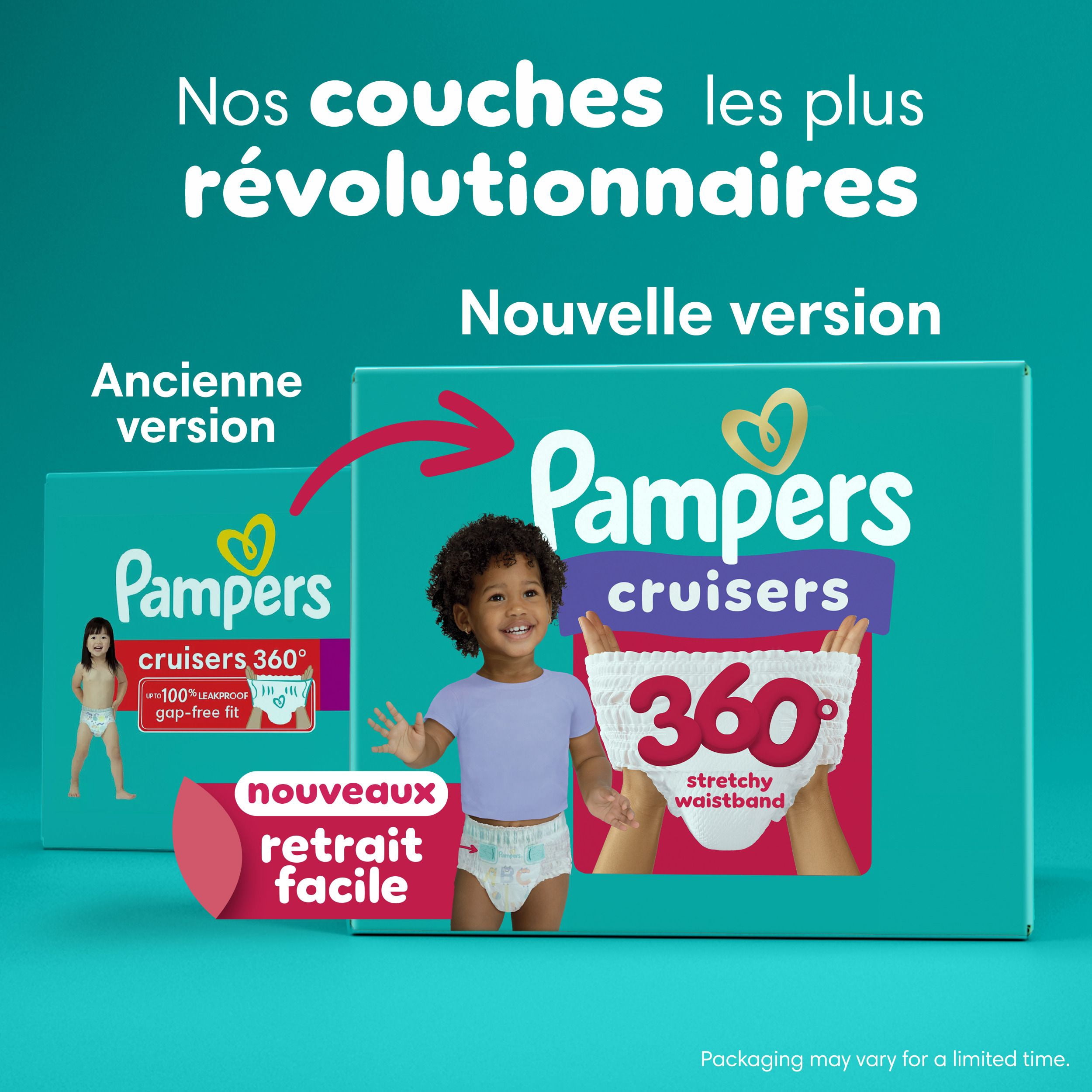 Couches Pampers Cruisers 360°, ajustement jusqu’à 100 % sans fuites, conçues pour les bébés actifs, couche à enfiler, rabats rapides conçus pour faciliter les changements, taille 4, 21 unités
