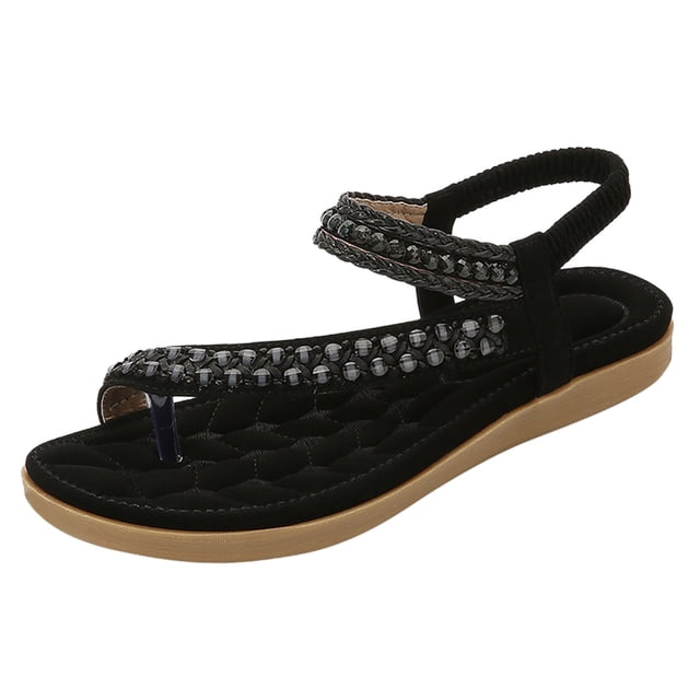 Kcodviy Women Shoes Flat Sandals Lace Up Sandals for Women Summer Boho Rhinestone Dress Huarache Sandals Women Shoes Comfort Open Toe Elastic Ankle Strap Strapless Sandals Roman Sandals