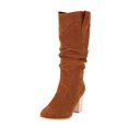 thumbnail image 1 of B91xZ Bottes Larges Genou Plat Talon Bas Extensible Bout Rond avec Fermeture Éclair Latérale, Marron 7.5, 1 of 5