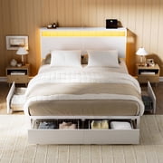 GUNAITO Full Size Bed Frame with Headboard Storage Bed frame with 4 Drawers LED Platform Bed Frame with Charging Station White