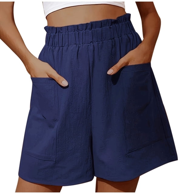 Soki Wide-leg Shorts for Women Summer Solid Color Elastic Waist Pockets Loose Shorts