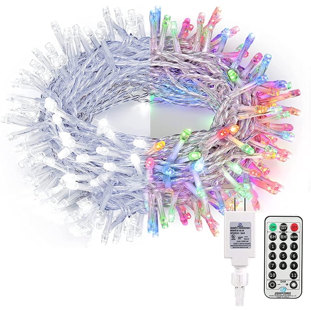 Color Changing Christmas Lights, 65.67ft 200 LED Dual Color Christmas Tree Lights with Remote. Features cool white and multicolor LEDs on a clear wire, offering 11 lighting modes including steady, Slo-Glo, and flashing effects. Includes a 19-key remote for brightness adjustment, timer settings, and mode selection. Extendable up to 3 sets and suitable for indoor and outdoor use. Comes with a UL-certified power adapter and IP44 waterproof rating, ideal for Christmas trees, parties, and weddings.