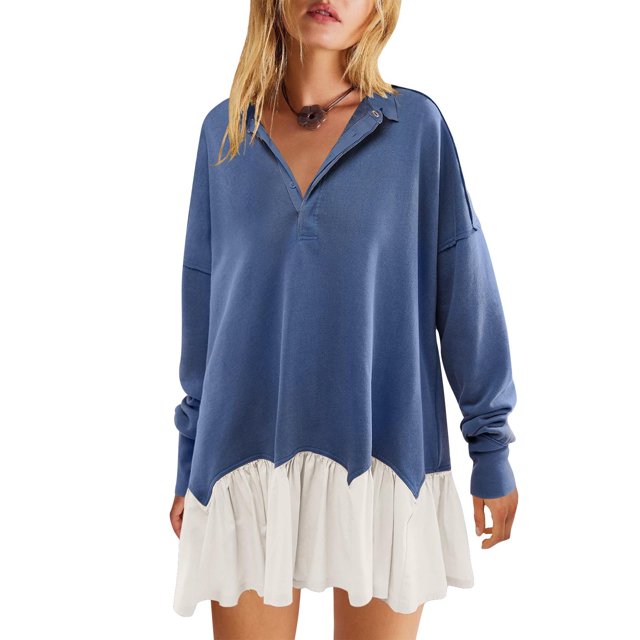 DPTALR Women's Fashionable Long Sleeved Button Up Collared Sweatshirt Dress