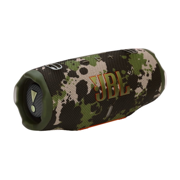 JBL Charge 6 portable waterproof and drop-proof speaker in green and beige camouflage fabric with black accents, cylindrical shape with rugged end caps, orange JBL logo, and top control buttons, suitable for outdoor and multi-speaker Auracast™ connection.