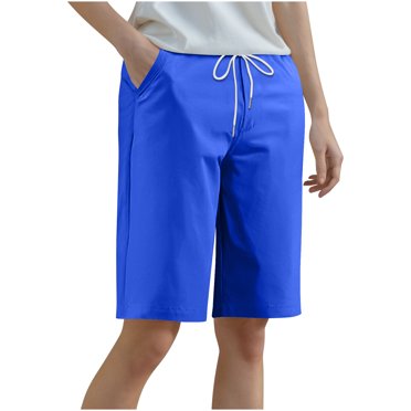aohooy Bermuda Shorts for Women Knee Length Drawstring Shorts High Waisted Lounge Shorts Elastic Summer Vacation Shorts Plus Size Blue,L