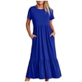 thumbnail image 2 of Penkiiy Robe Maxi Évasée d'Été Décontractée pour Femme à Manches Courtes et Col Ras du Cou, Fluide, Asymétrique, à Étages, Robe de Plage avec Poches, G Bleu, 2 of 8