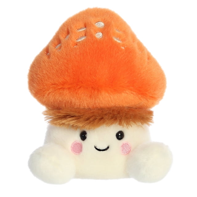 Aurora Palm Pals - Fabian Fluffy Mushroom 5-inch stuffed animal plush toy featuring a vibrant orange cap with white spots, soft fluffy texture, and bean pellets for stability. Designed with a cheerful face, pink cheeks, and compact size, ideal for cuddling or collecting.