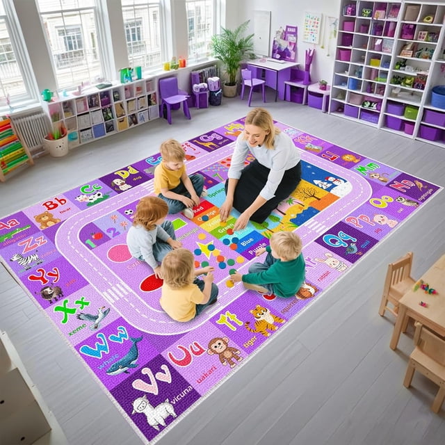 Educational Area Rug - ABC Rugs for Kids Playroom Classroom Carpet for Learning ABC Alphabet,Numbers,Animal,Colors,Season Kids Play Mat for Boys Girls Bedroom Decor,Purple,4.5x6 Feet