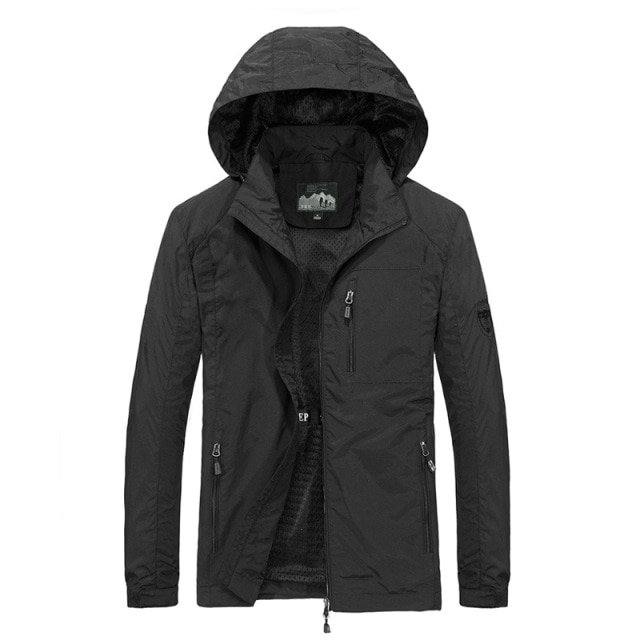 REDHOTYPE Men Sportswear Hooded Softshell Outdoor Raincoat Waterproof Jacket in black. Made from 100% polyester with a nylon lining, this jacket features a hood, full zip closure, and multiple zippered pockets. Designed with Omni-Tech waterproof and breathable technology, it is fully seam-sealed for enhanced protection. The jacket offers antimicrobial properties, air permeability, wear resistance, and flexibility. Suitable for outdoor activities like skiing, hiking, mountaineering, tourism, and camping.