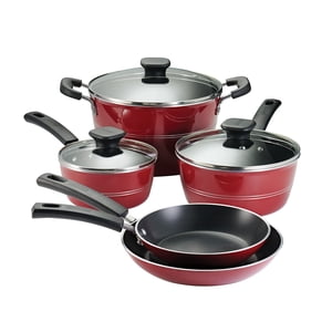 Tramontina Sicilia 8-Piece Ensemble d'articles de cuisine non-collant avec des plaques de verre en aluminium Kit antiadhésif et poêles (framboise)