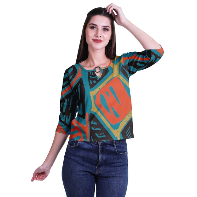 Moomaya Printed Keyhole Neck Ring Top Casual 3/4th Sleeve Tees Tank Tunic Top