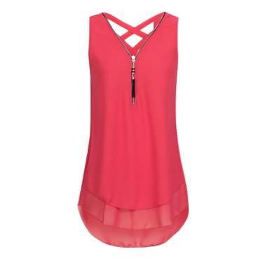 WTXUE Débardeurs Sans Manches, Encolure en V Fendue pour Femmes, Débardeur Ample Ourlet Arrière Superposé avec Fermeture Éclair, T-Shirts à Col en V, Hauts Unis Décontractés pour Femmes