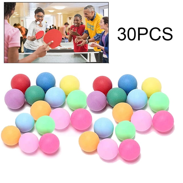 Pisexur 30Pcs/Pack Colored Pong Balls, 40mm entertainment table tennis balls made of environmentally friendly polypropylene plastic. The set includes 30 multicoloured balls, each with a diameter of 40mm and weighing approximately 2.4g. Suitable for group games, advertising, and casual play. The image shows a collection of vibrant balls in various colors, with a lifestyle scene of people playing table tennis in the background.