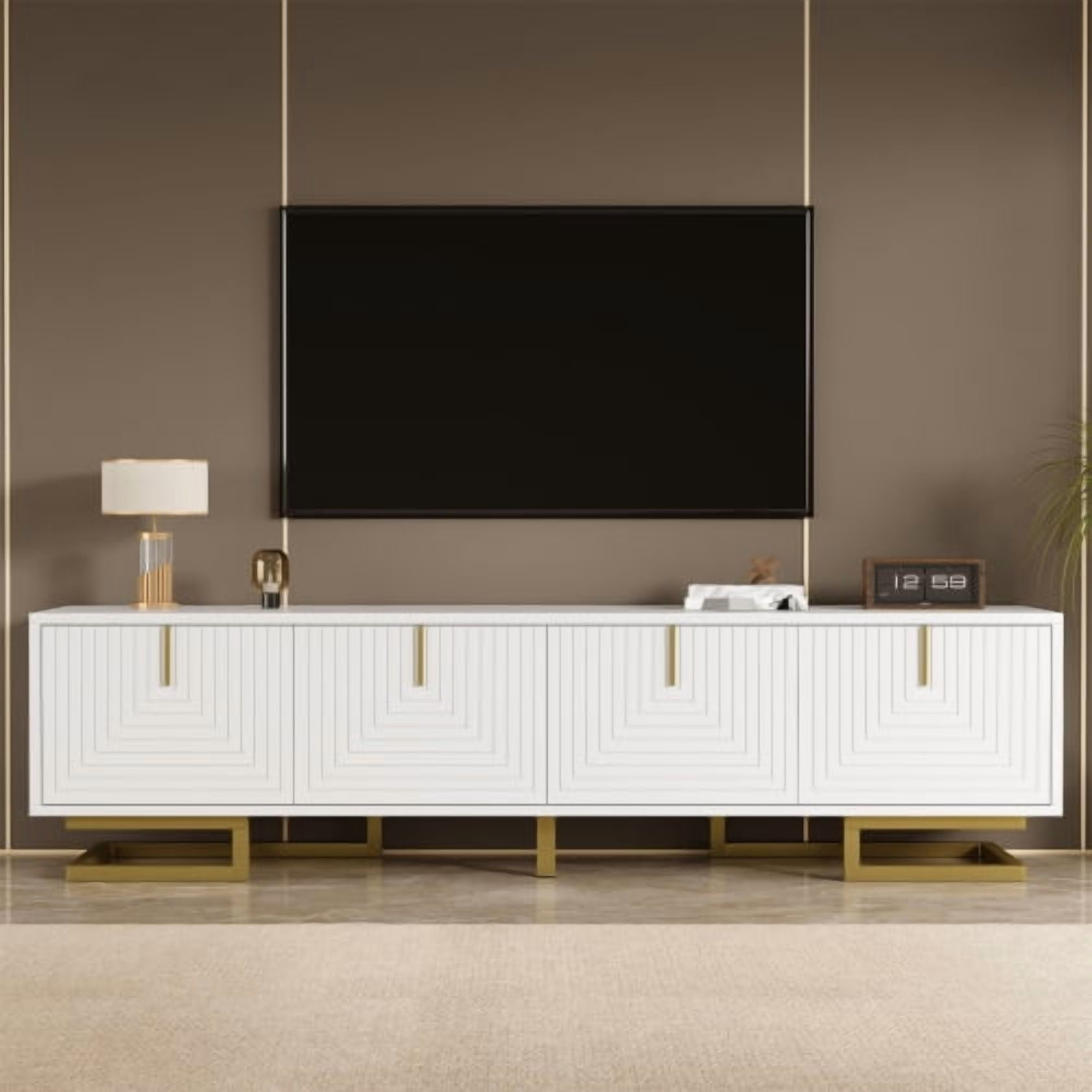 TV Stand with textured doors, TV furniture, gold handles and gold legs