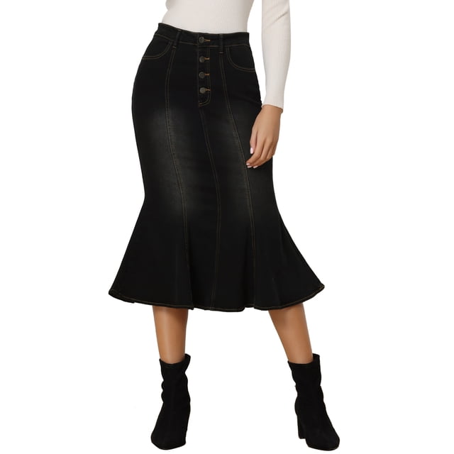 Unique Bargains Jupe Midi en Denim Délavée à Queue de Poisson pour Femme, Noir, Taille P
