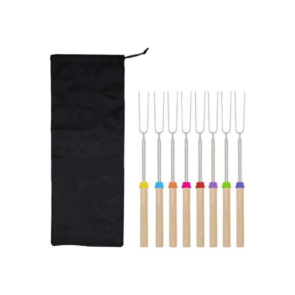 Telescopic Grill Fork Set, Roasting Sticks Campfire Smores Skewers for Fire 12 Inch Long Extendable Fork Smores Sticks With Wooden Handle Storage Bag for Cooking Grill Hot Dog Camping Accessories, A