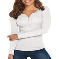 thumbnail image 1 of Women Spring T-Shirt Solid Color Ribbed Henley Neck Long Sleeve Slim-fitting Pullover for Girls Autumn, 1 of 4