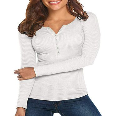 Women‘s Long Sleeve Henley T Shirts Button Down Slim Fit Tops Scoop Neck Ribbed Knit Shirts