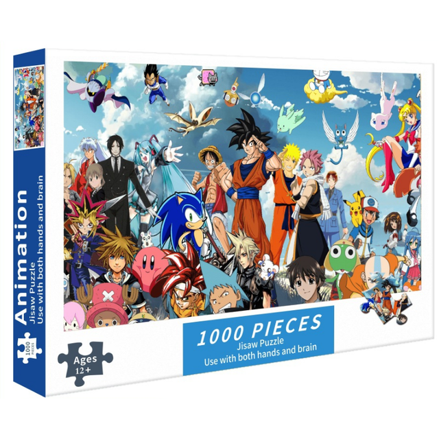 Jigsaw Puzzles for Adults Kids 1000 Pieces featuring a vibrant animation-themed design with various characters. The puzzle measures 29.5 x 19.69 inches (75 x 50 cm) when completed and is suitable for ages 14 and up. Includes a high-definition reference poster and divided zones on the back for easier assembly. Made from high-quality recycled cardboard with a durable surface film for long-lasting color. Ideal for family bonding, intellectual development, and as a gift for birthdays or Christmas.