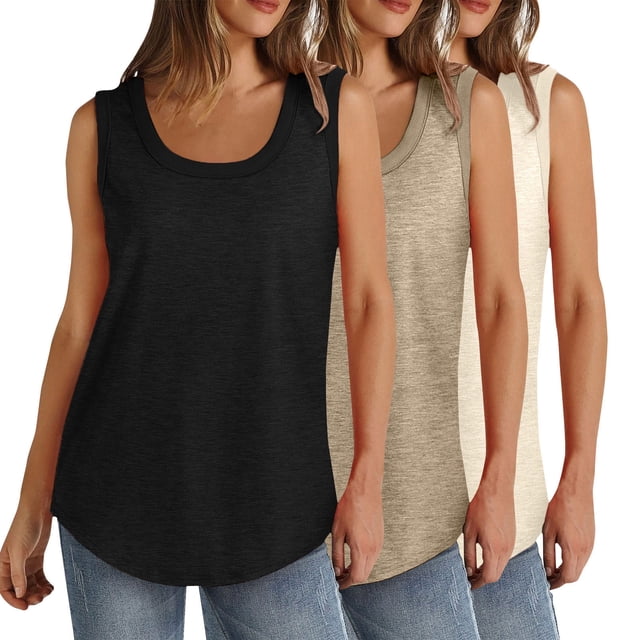 Plebaso Lot de 3 Débardeurs pour Femmes Décontractés d'Été Sans Manches Amples Col Rond T-Shirts Basiques pour Dames