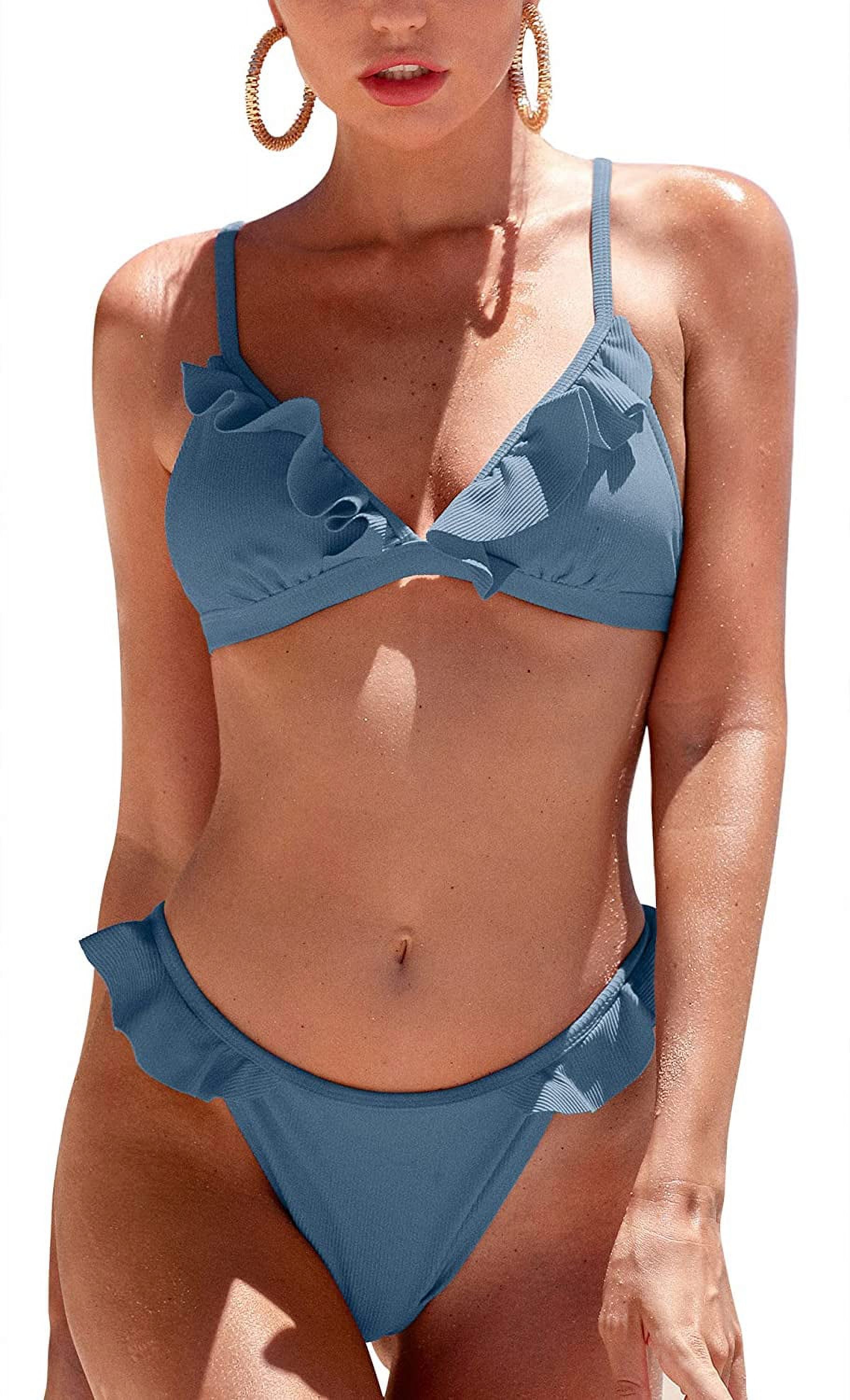 Charmo Womens Ruffle Bikinis Ribbed Triangle High Cut 2 Piece Bathing Suit